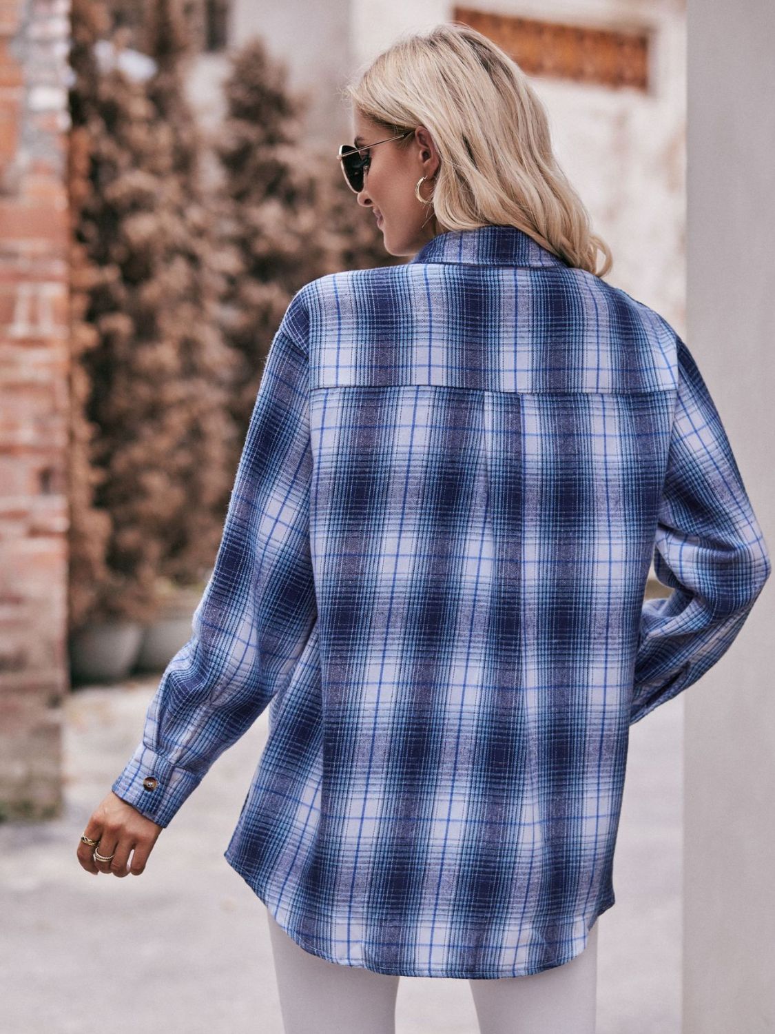 Plaid Dropped Shoulder Longline Shirt BLUE ZONE PLANET