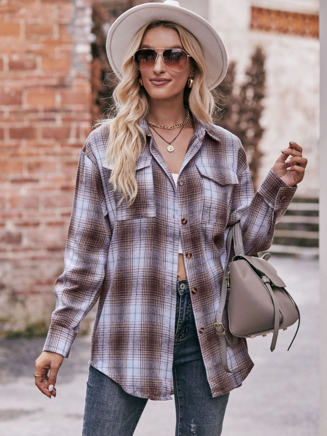 Plaid Dropped Shoulder Longline Shirt BLUE ZONE PLANET