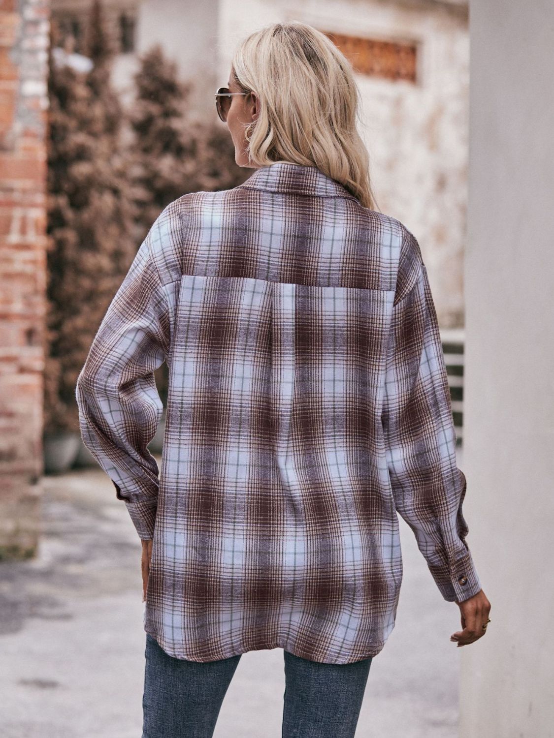 Plaid Dropped Shoulder Longline Shirt BLUE ZONE PLANET