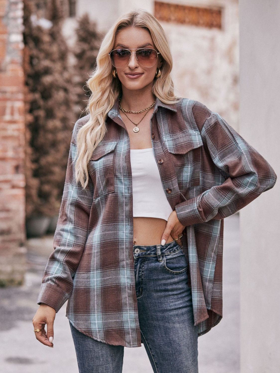 Plaid Dropped Shoulder Longline Shirt BLUE ZONE PLANET