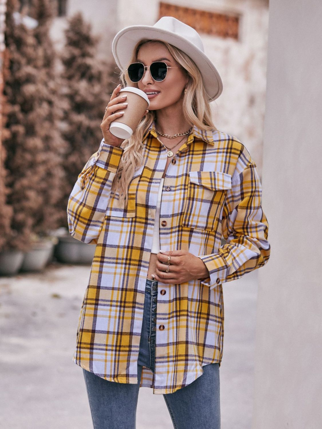 Plaid Dropped Shoulder Longline Shirt BLUE ZONE PLANET