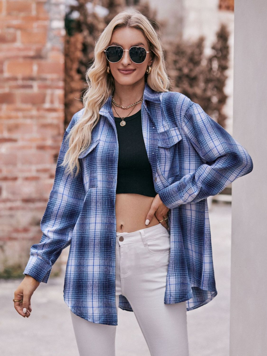 Plaid Dropped Shoulder Longline Shirt BLUE ZONE PLANET