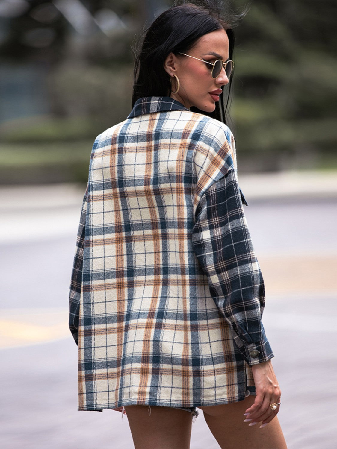 Plaid Dropped Shoulder Shacket BLUE ZONE PLANET