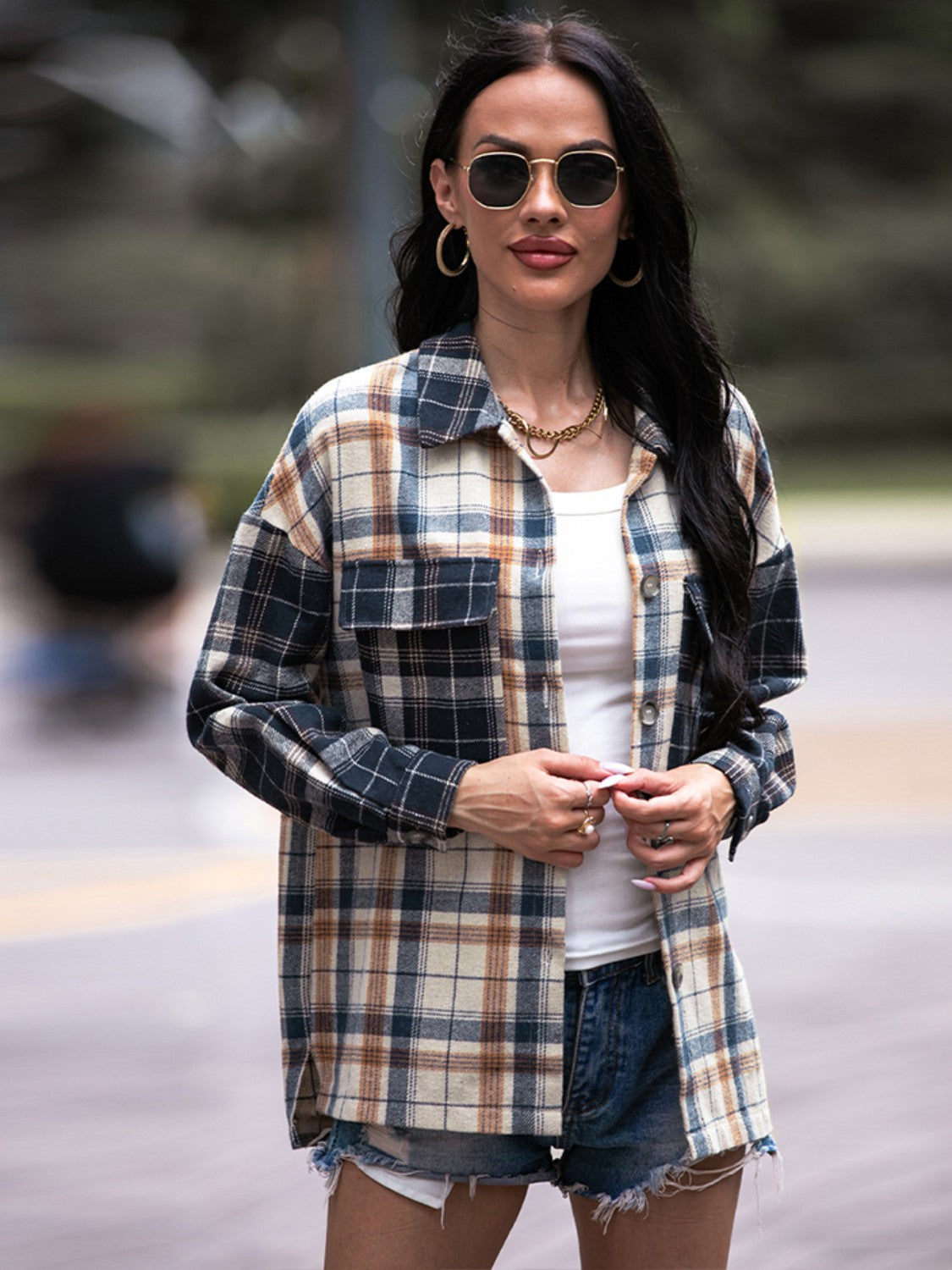 Plaid Dropped Shoulder Shacket BLUE ZONE PLANET