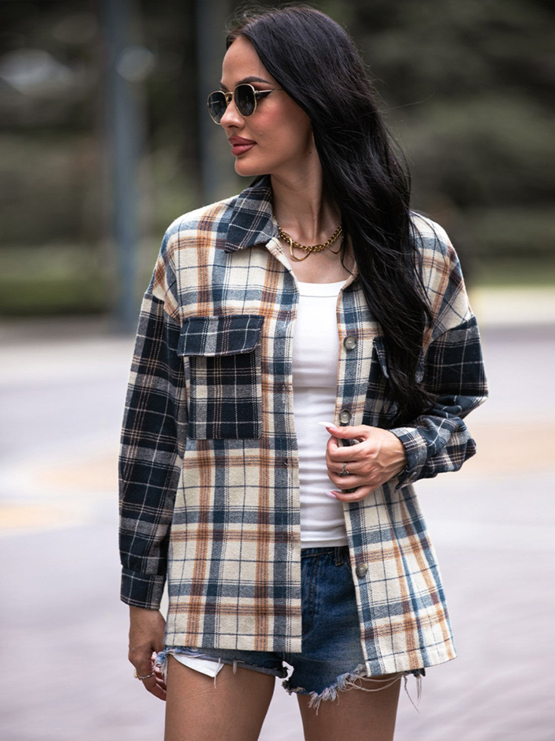 Plaid Dropped Shoulder Shacket BLUE ZONE PLANET