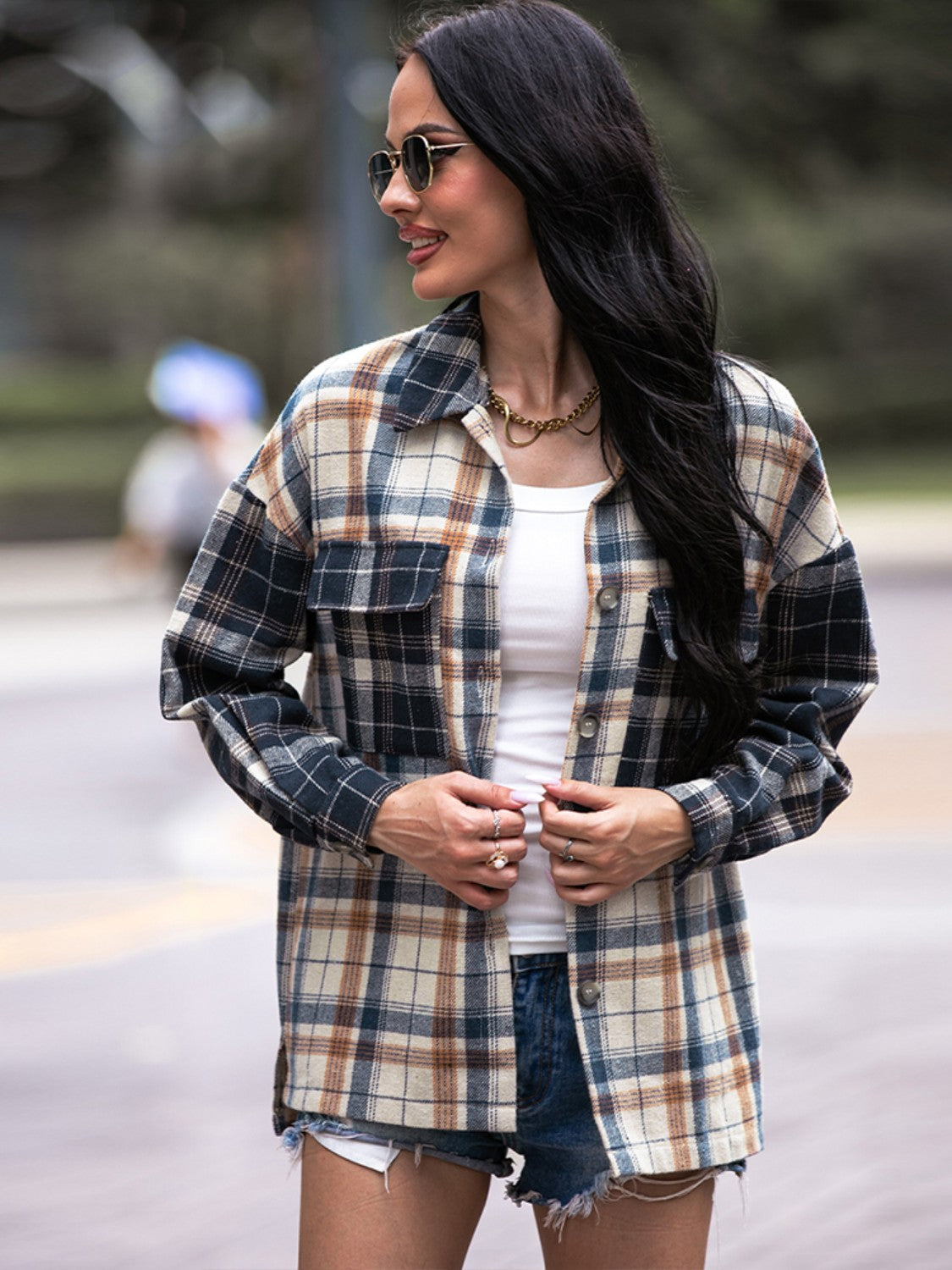 Plaid Dropped Shoulder Shacket BLUE ZONE PLANET