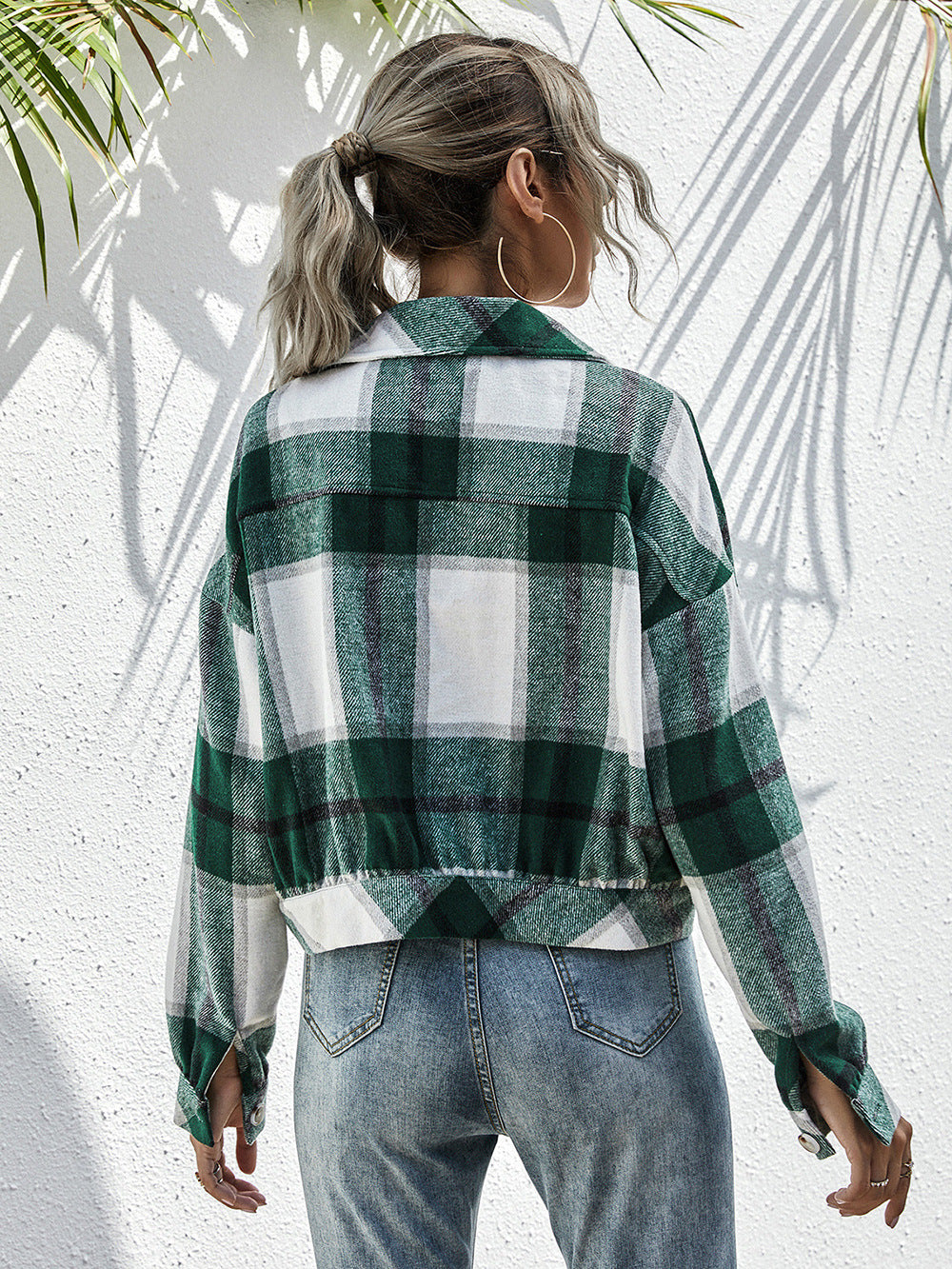 Plaid Dropped Shoulder Shirt Jacket BLUE ZONE PLANET