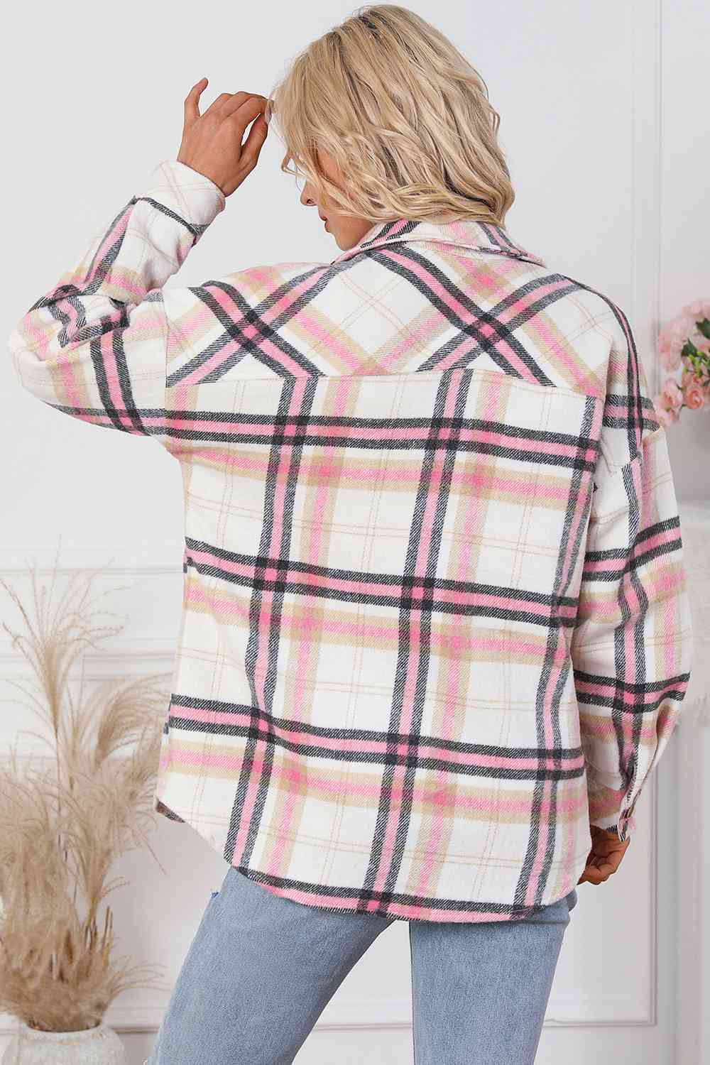 Plaid Dropped Shoulder Shirt Jacket BLUE ZONE PLANET