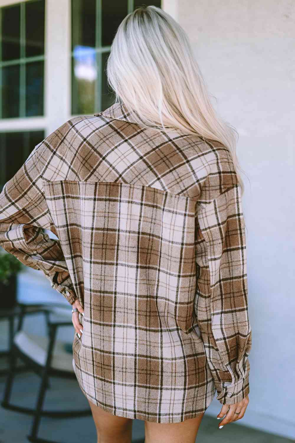 Plaid Dropped Shoulder Shirt Jacket BLUE ZONE PLANET