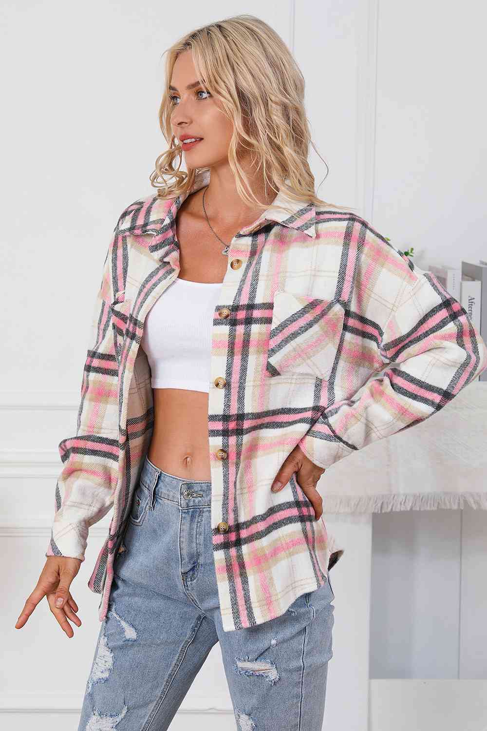 Plaid Dropped Shoulder Shirt Jacket BLUE ZONE PLANET