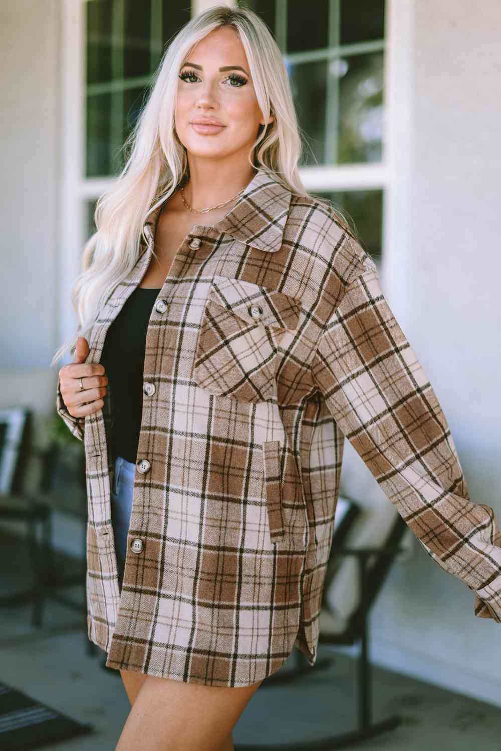 Plaid Dropped Shoulder Shirt Jacket BLUE ZONE PLANET