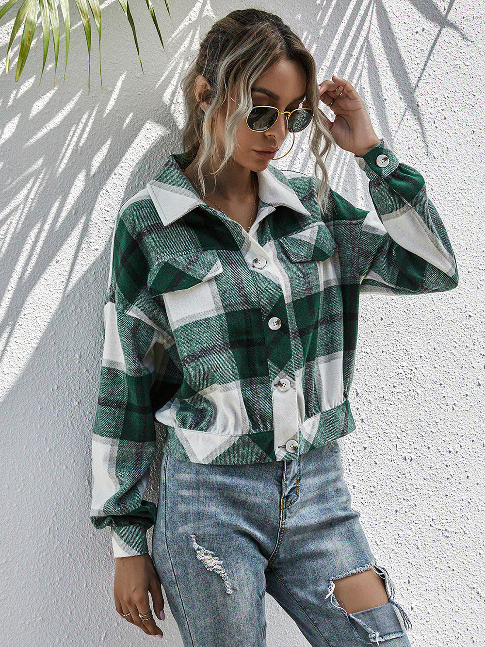 Plaid Dropped Shoulder Shirt Jacket BLUE ZONE PLANET