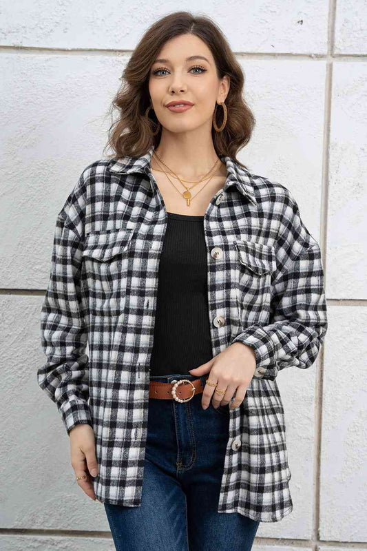 Plaid Dropped Shoulder Shirt Jacket BLUE ZONE PLANET