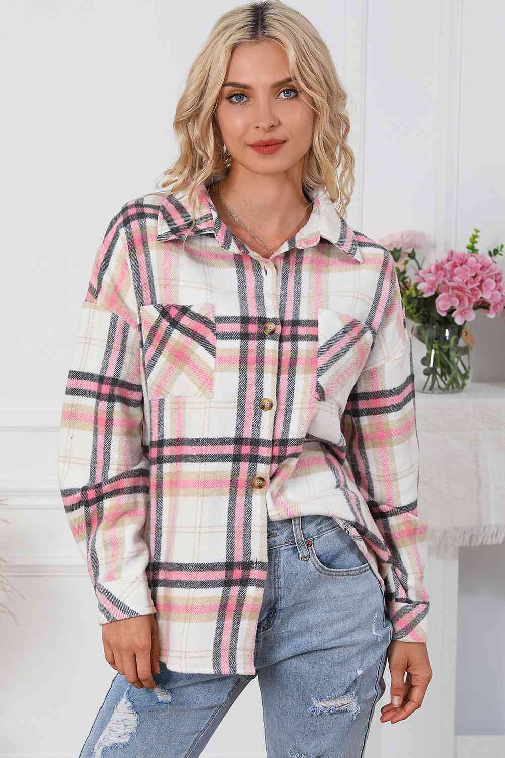 Plaid Dropped Shoulder Shirt Jacket BLUE ZONE PLANET