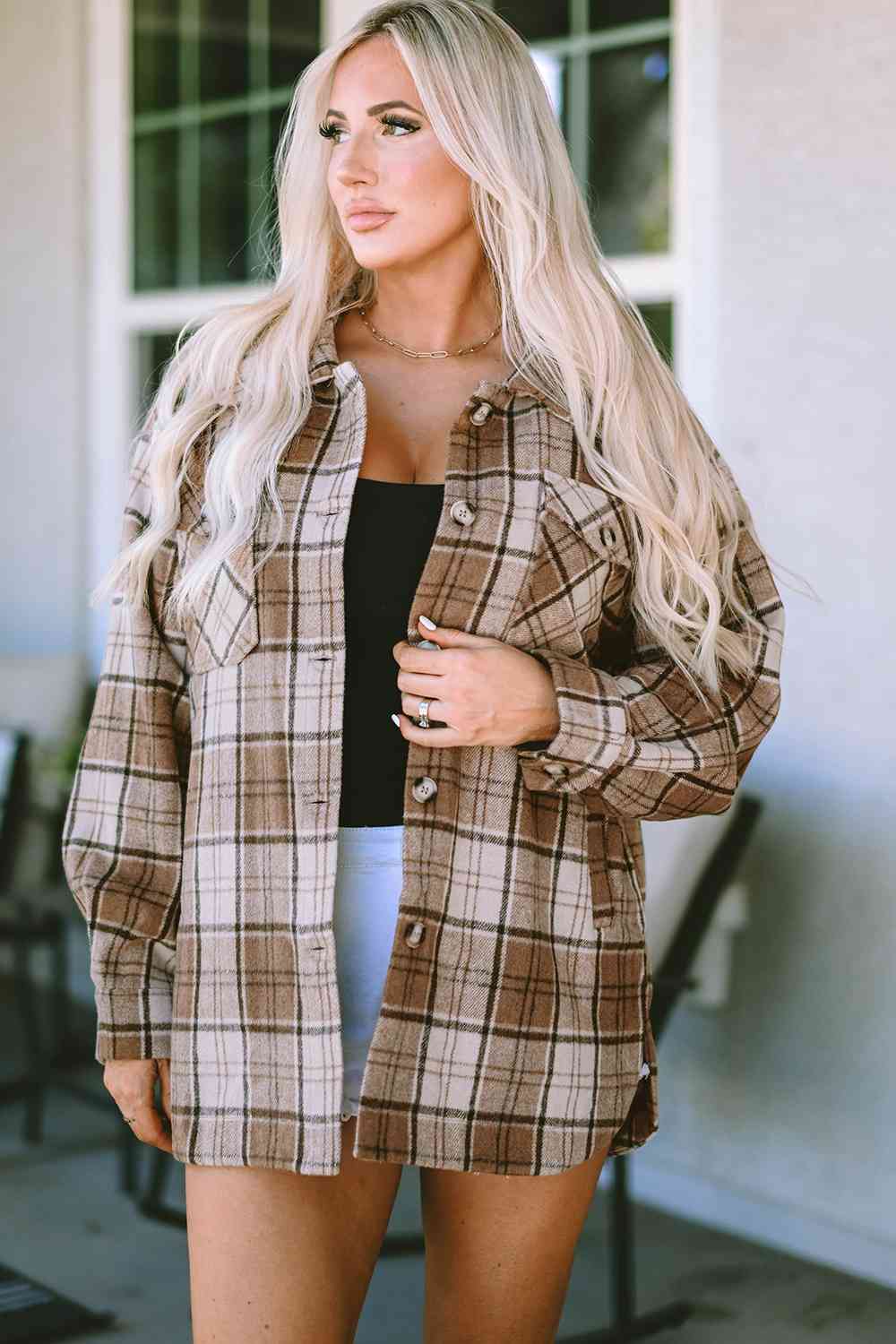 Plaid Dropped Shoulder Shirt Jacket BLUE ZONE PLANET