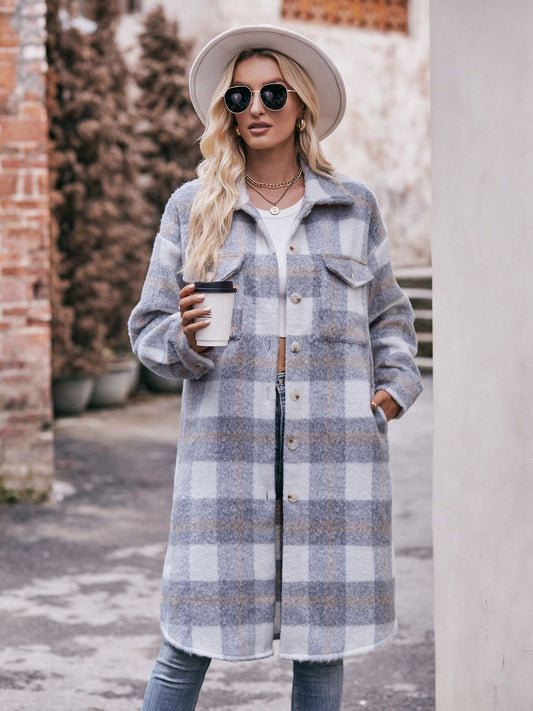 Plaid Dropped Shoulder Slit Coat BLUE ZONE PLANET