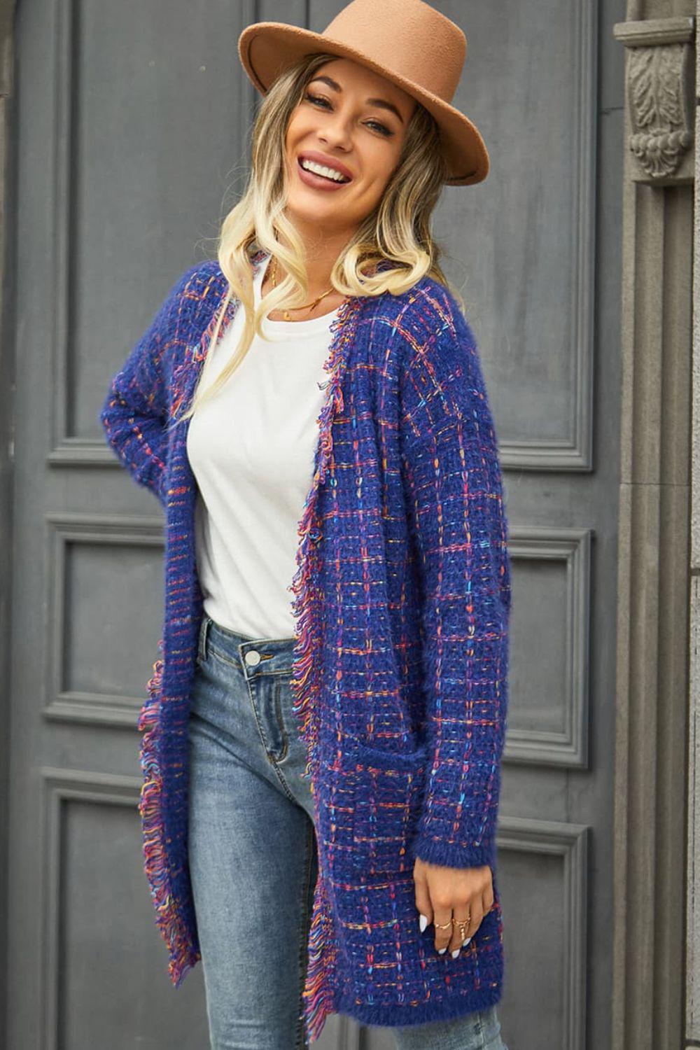 Plaid Fringe Trim Open Front Longline Cardigan BLUE ZONE PLANET