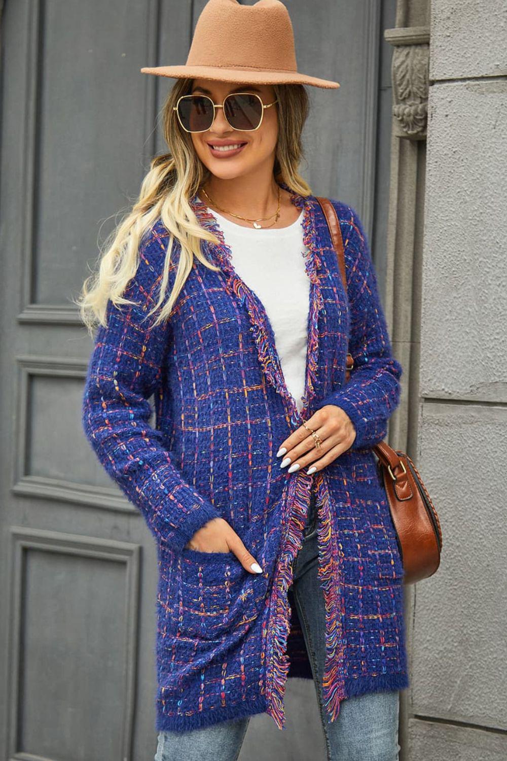 Plaid Fringe Trim Open Front Longline Cardigan BLUE ZONE PLANET