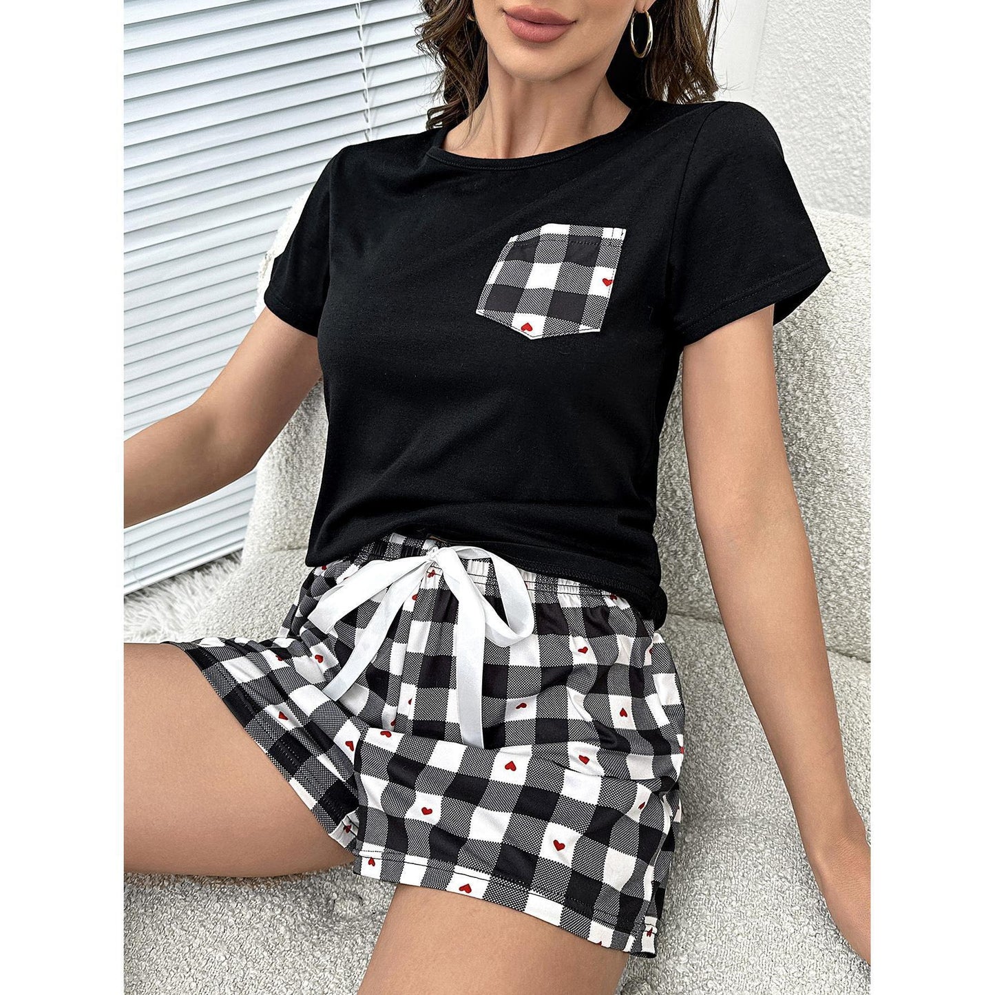 Plaid Heart Top and Shorts Lounge Set BLUE ZONE PLANET