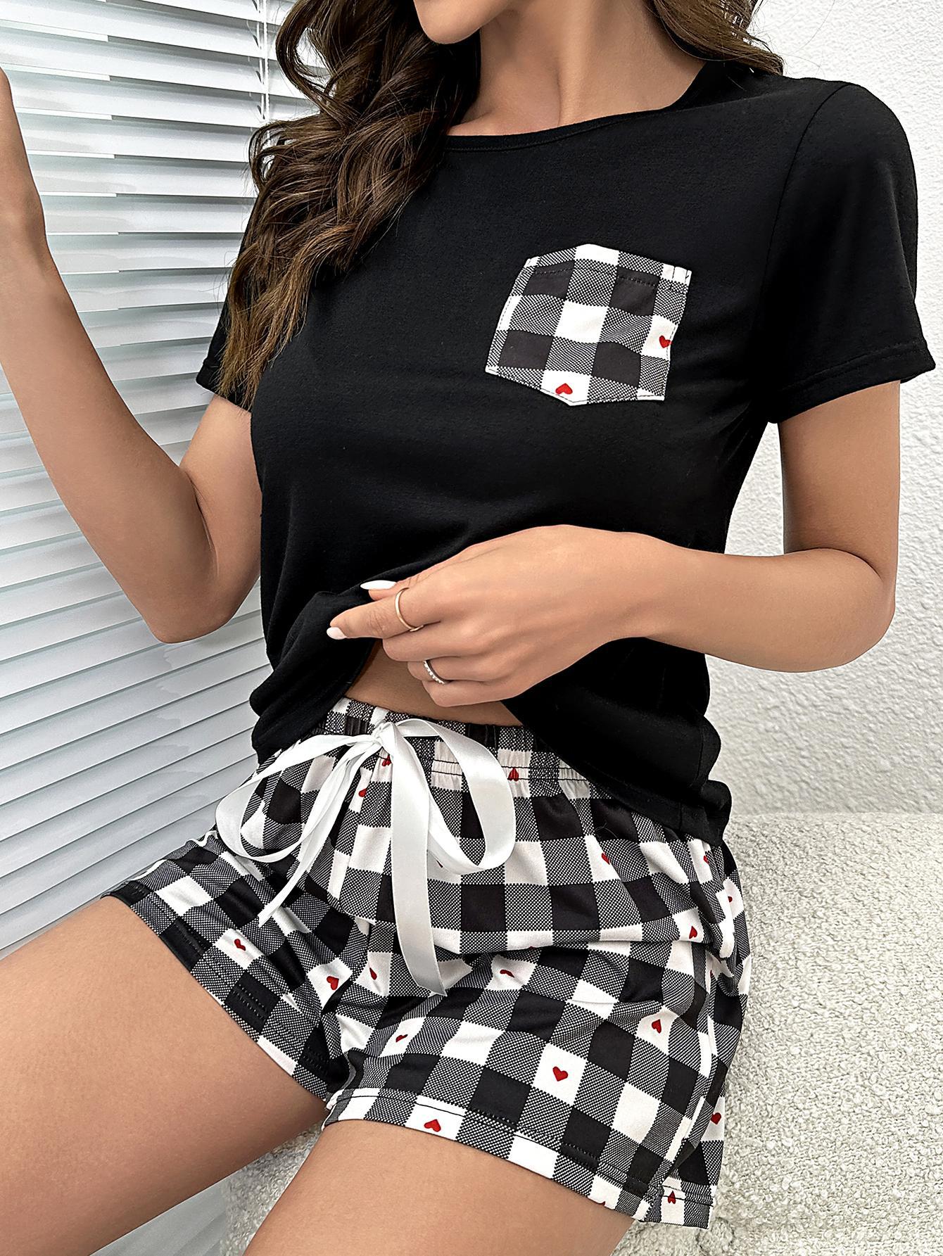 Plaid Heart Top and Shorts Lounge Set BLUE ZONE PLANET