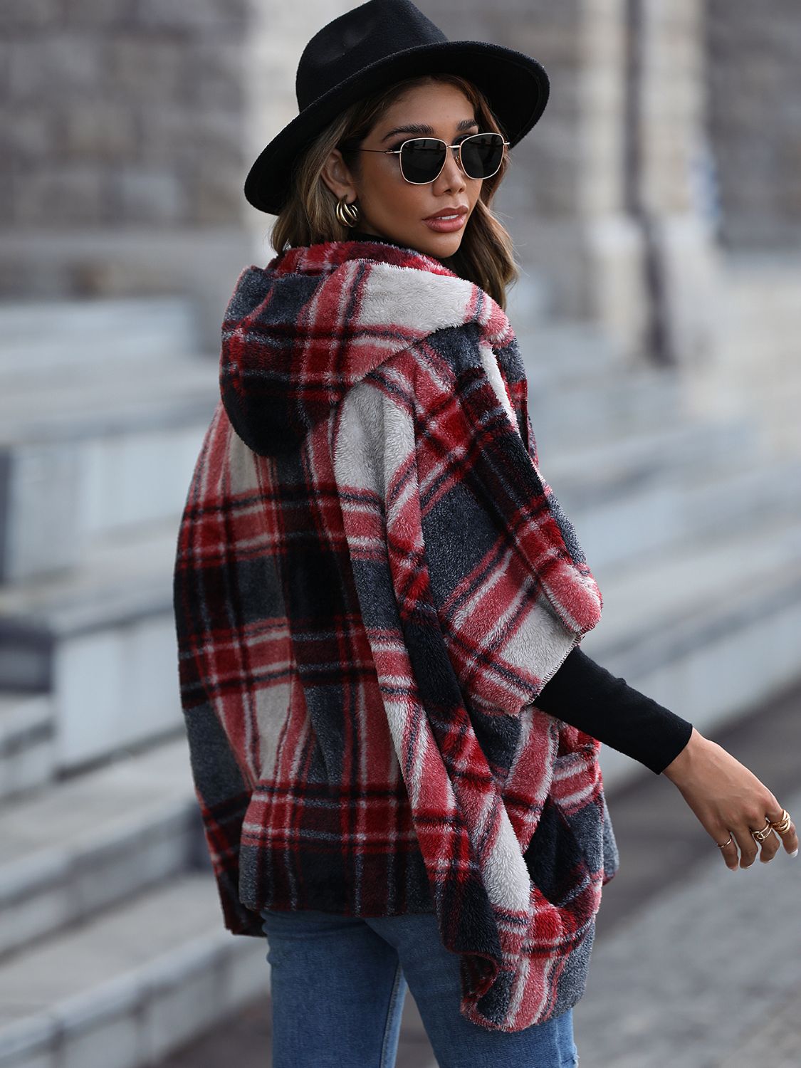 Plaid Hooded Coat with Pockets BLUE ZONE PLANET