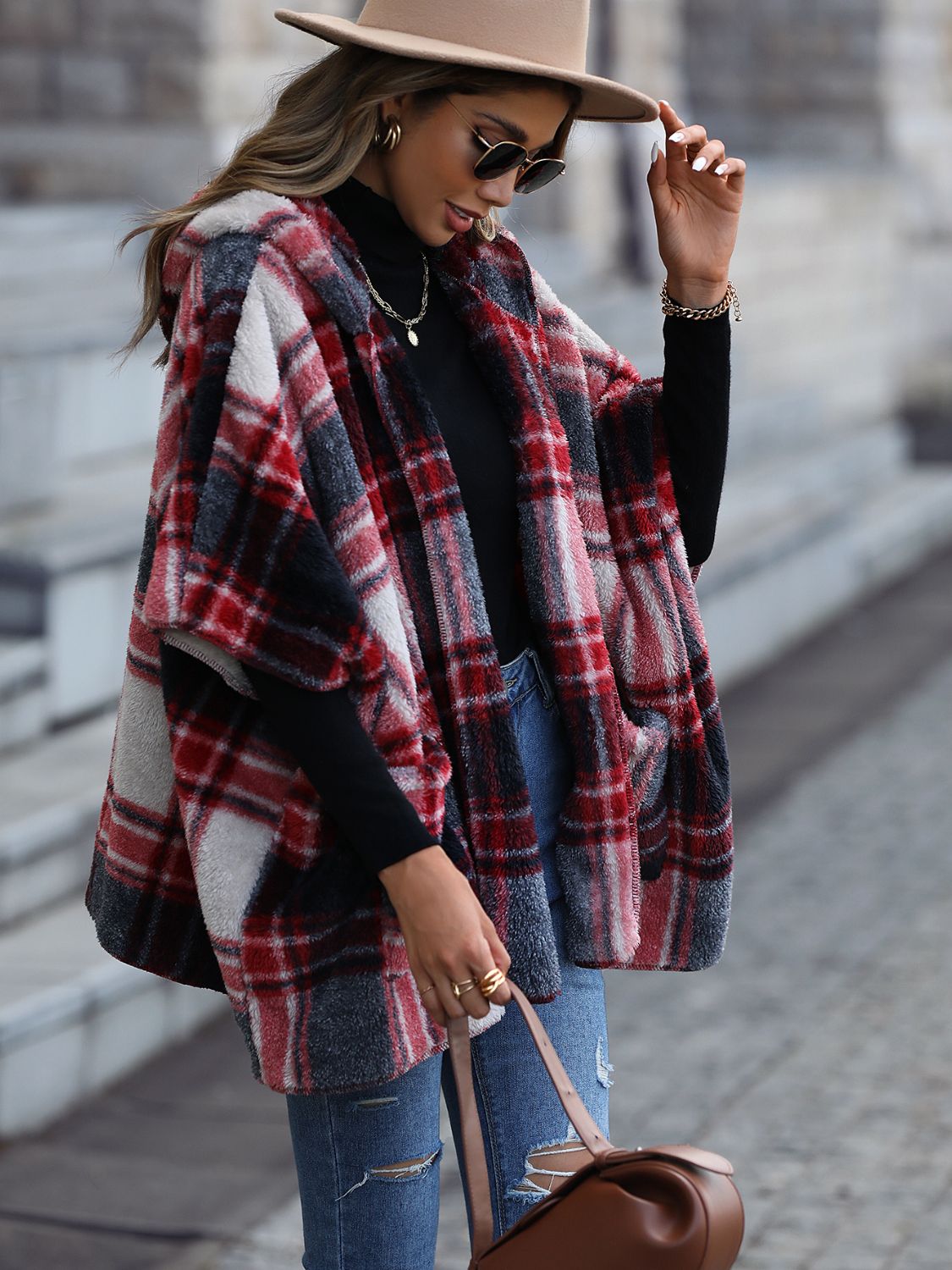 Plaid Hooded Coat with Pockets BLUE ZONE PLANET