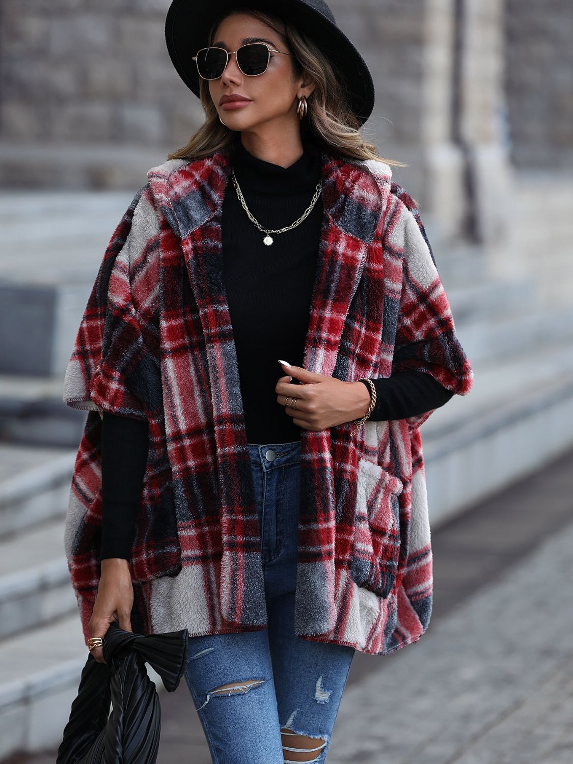 Plaid Hooded Coat with Pockets BLUE ZONE PLANET