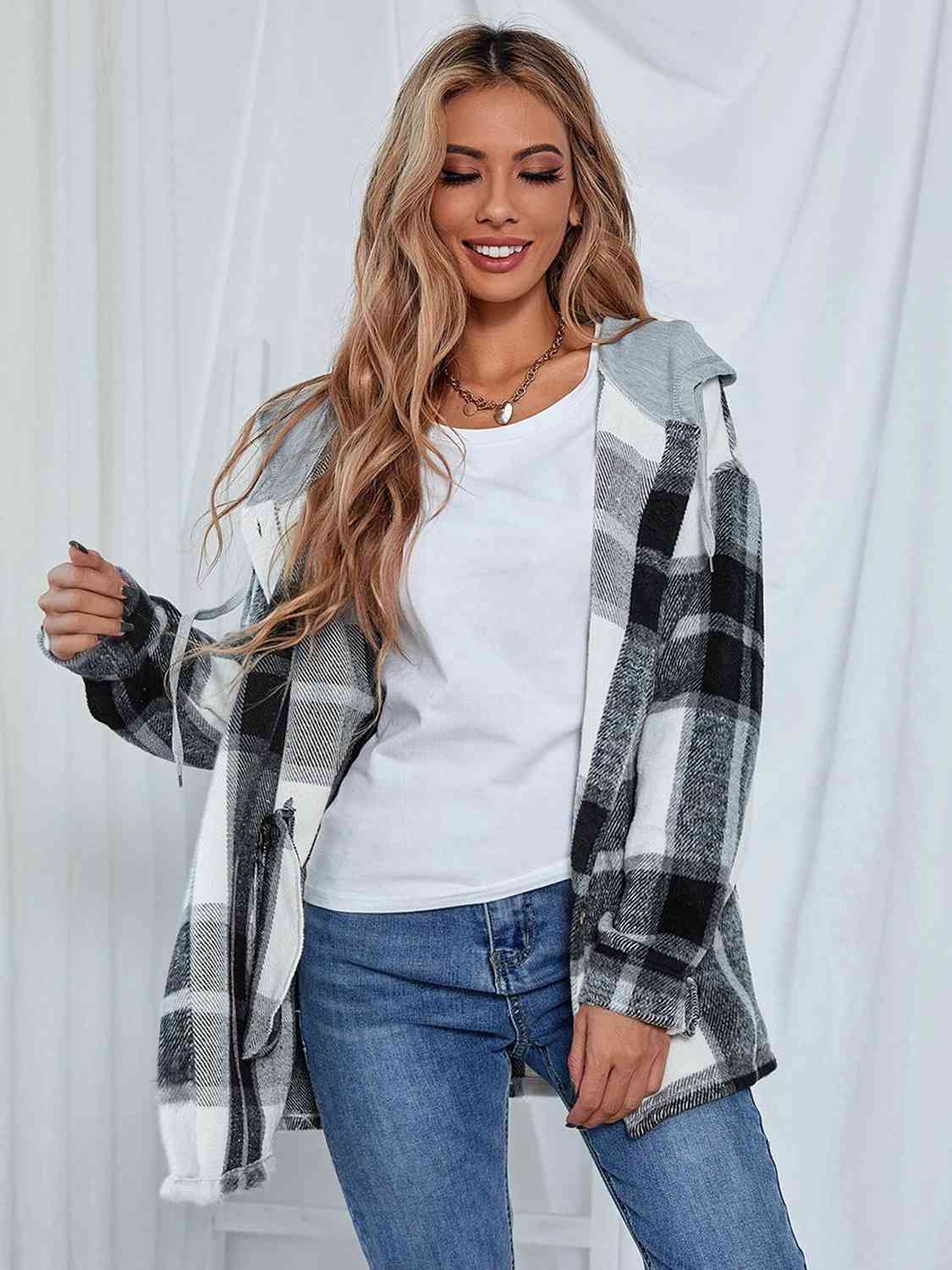 Plaid Hooded Jacket with Pockets BLUE ZONE PLANET