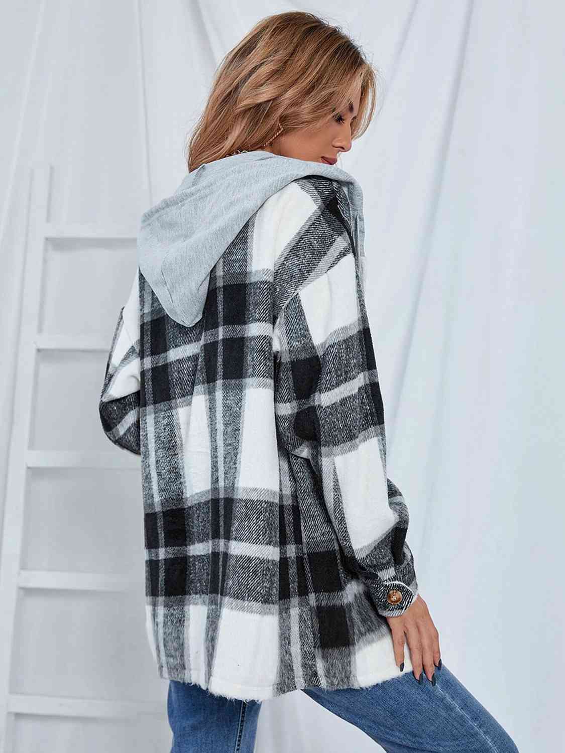 Plaid Hooded Jacket with Pockets BLUE ZONE PLANET