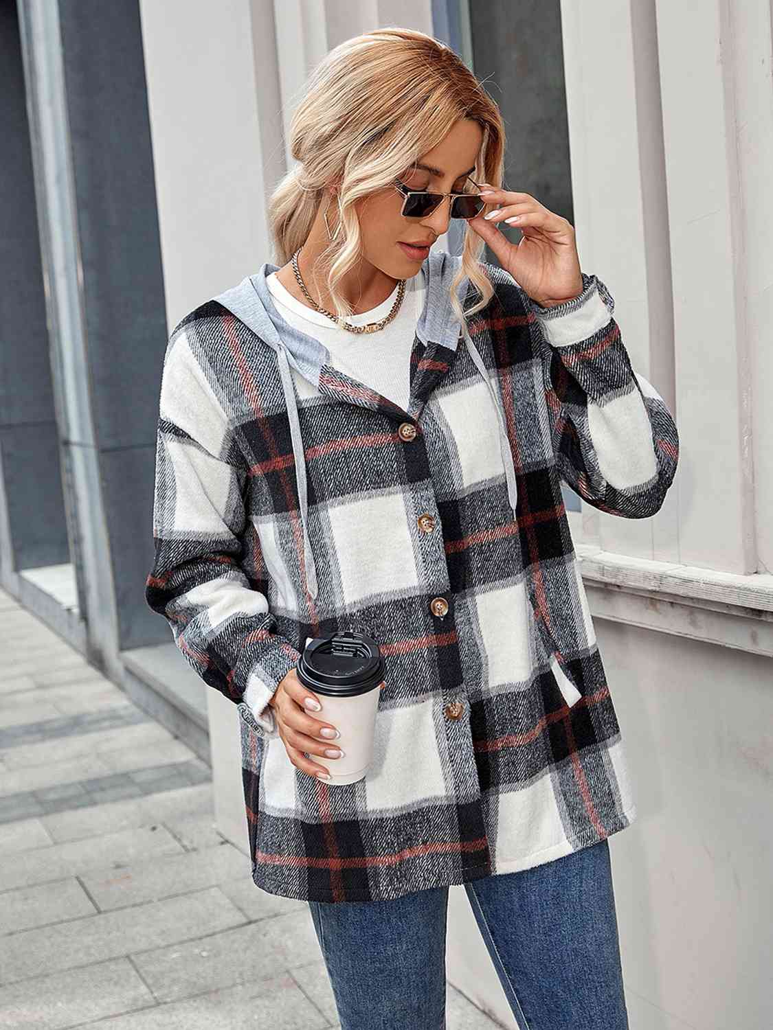 Plaid Hooded Jacket with Pockets BLUE ZONE PLANET