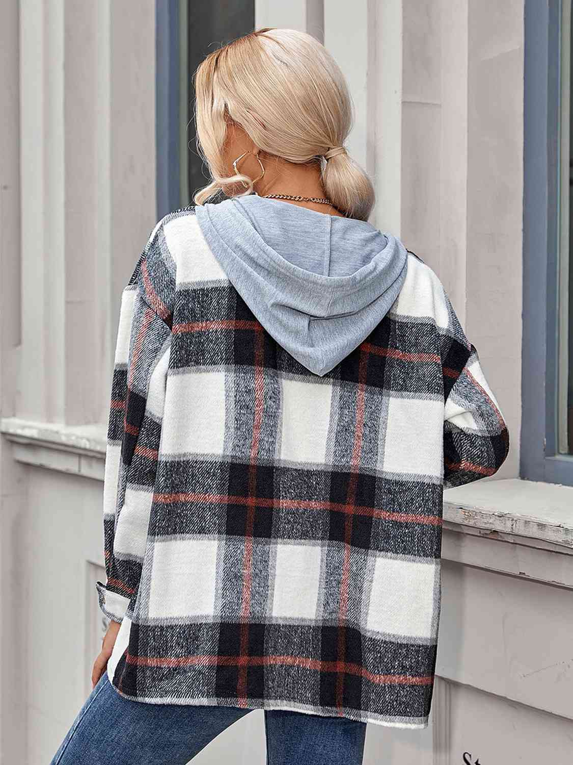 Plaid Hooded Jacket with Pockets BLUE ZONE PLANET