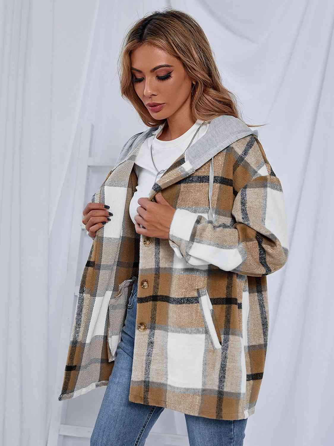 Plaid Hooded Jacket with Pockets BLUE ZONE PLANET