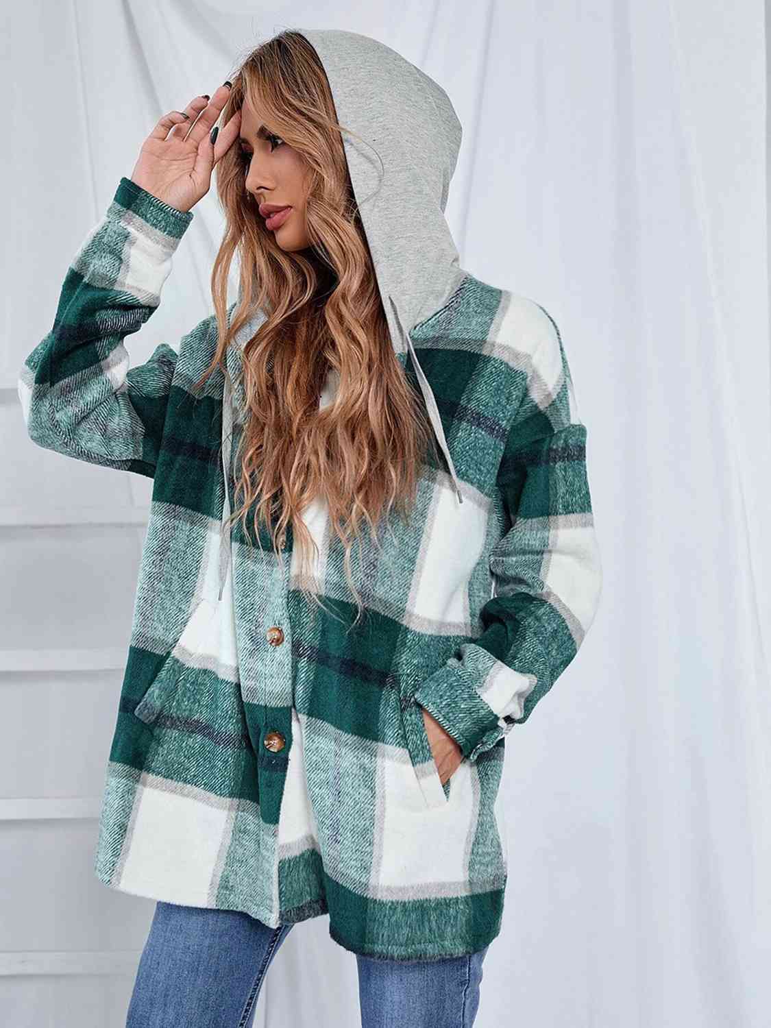 Plaid Hooded Jacket with Pockets BLUE ZONE PLANET