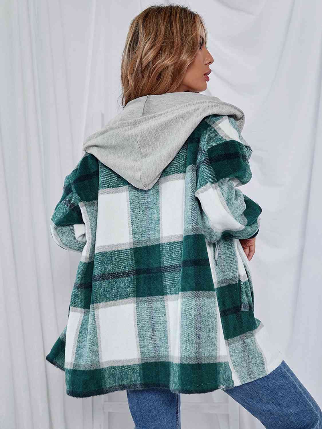Plaid Hooded Jacket with Pockets BLUE ZONE PLANET