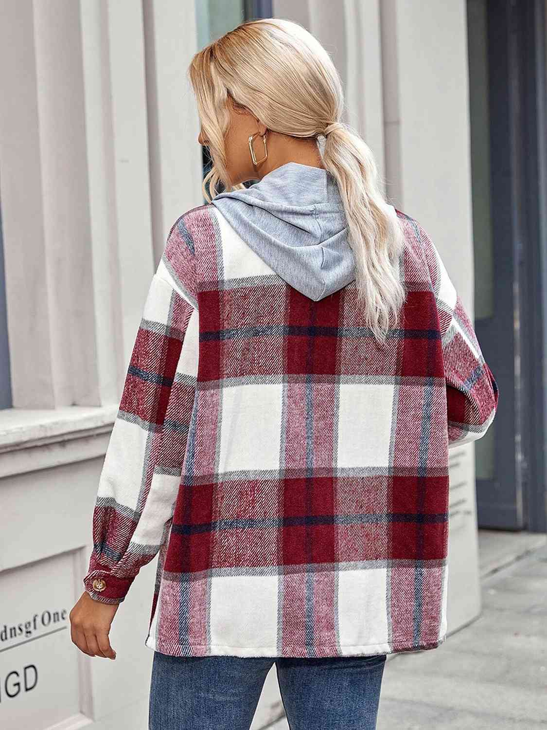 Plaid Hooded Jacket with Pockets BLUE ZONE PLANET