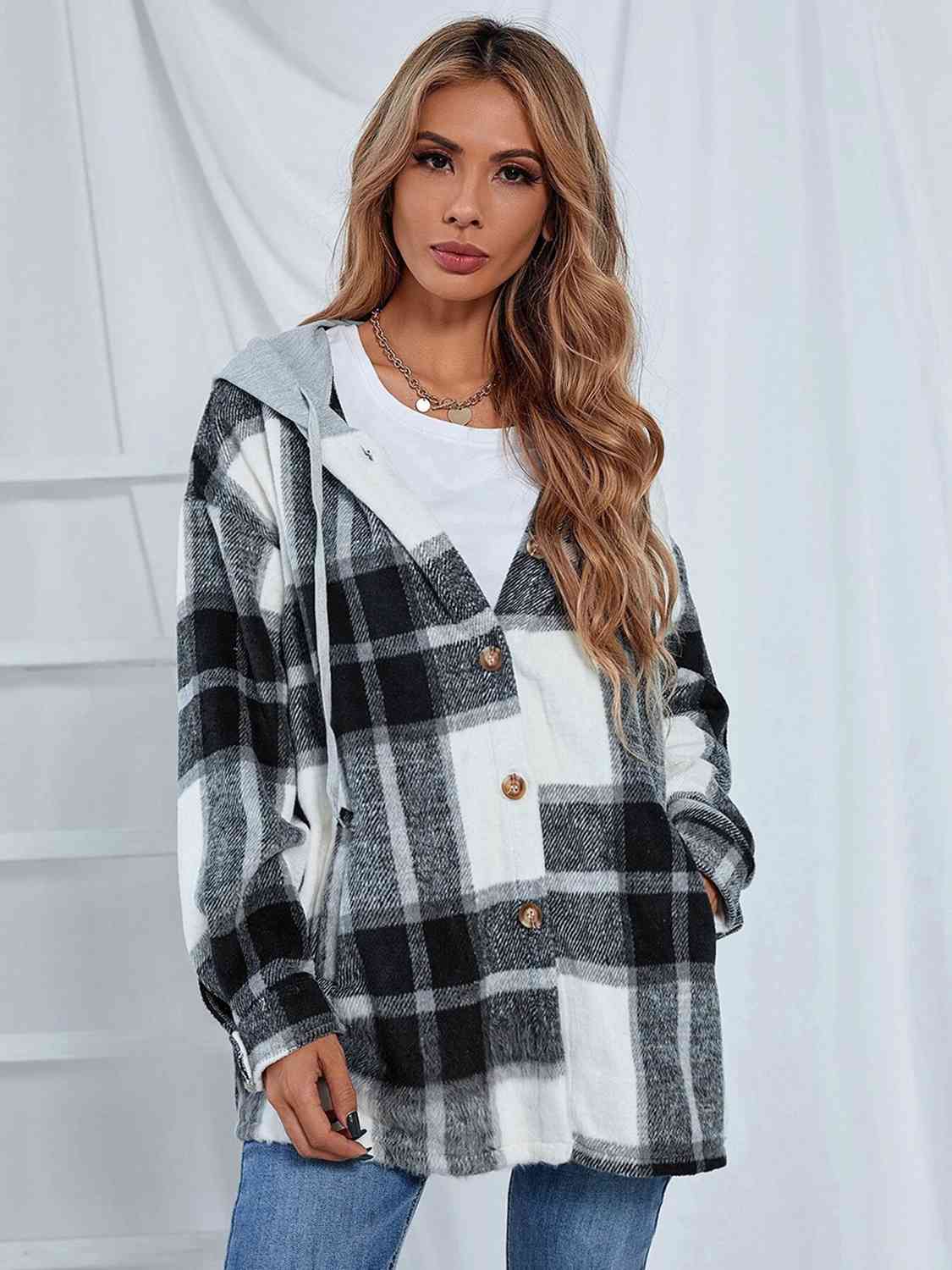 Plaid Hooded Jacket with Pockets BLUE ZONE PLANET