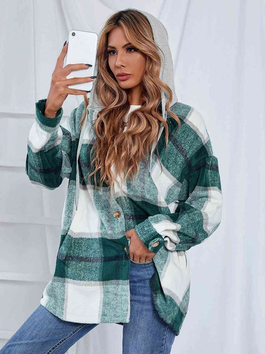 Plaid Hooded Jacket with Pockets BLUE ZONE PLANET