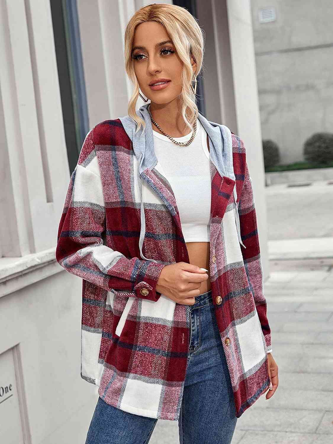 Plaid Hooded Jacket with Pockets BLUE ZONE PLANET