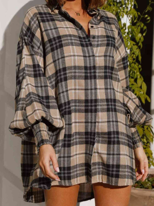 Plaid Lantern Sleeve Shirt BLUE ZONE PLANET