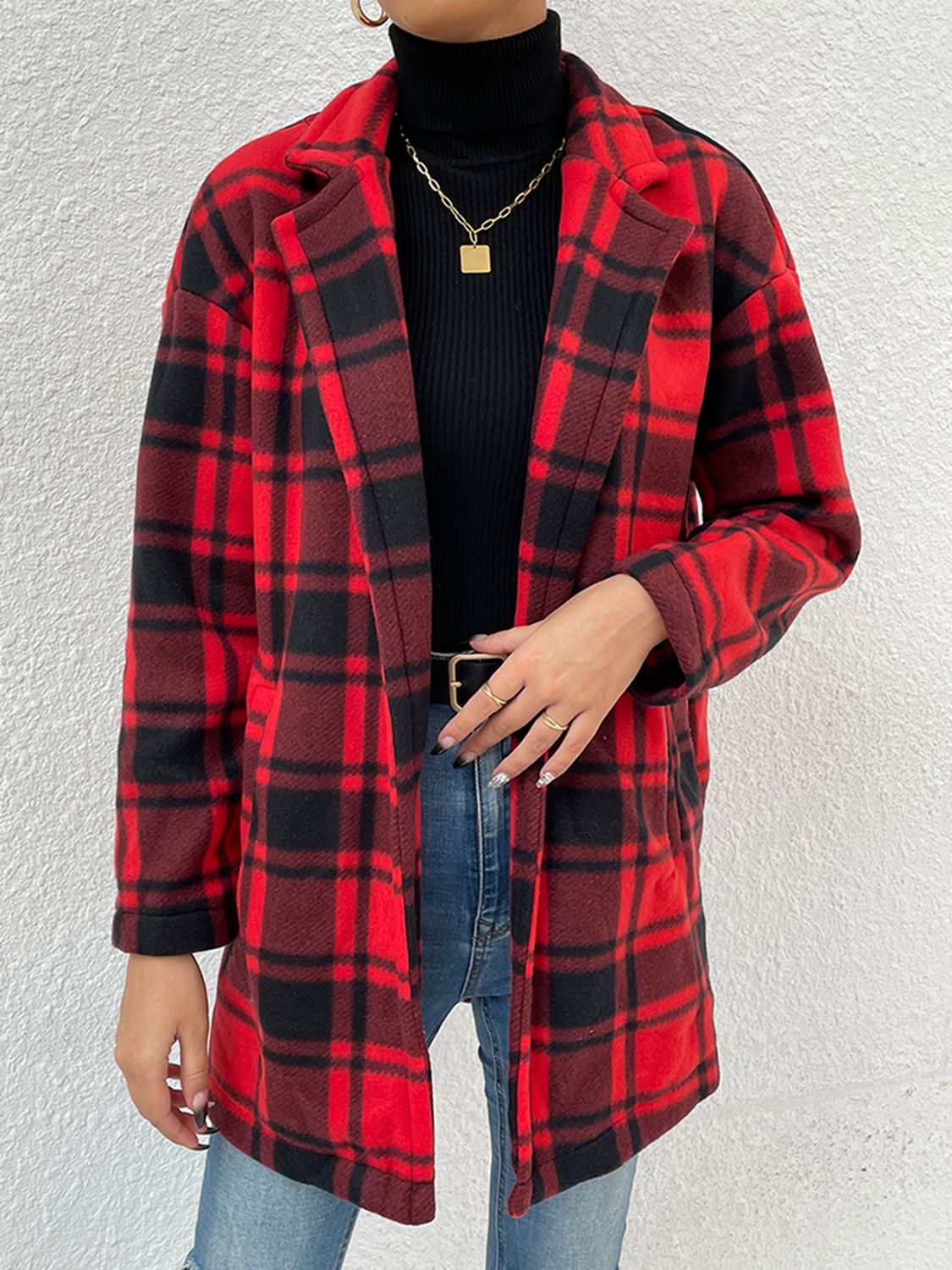 Plaid Lapel Collar Coat with Pockets BLUE ZONE PLANET