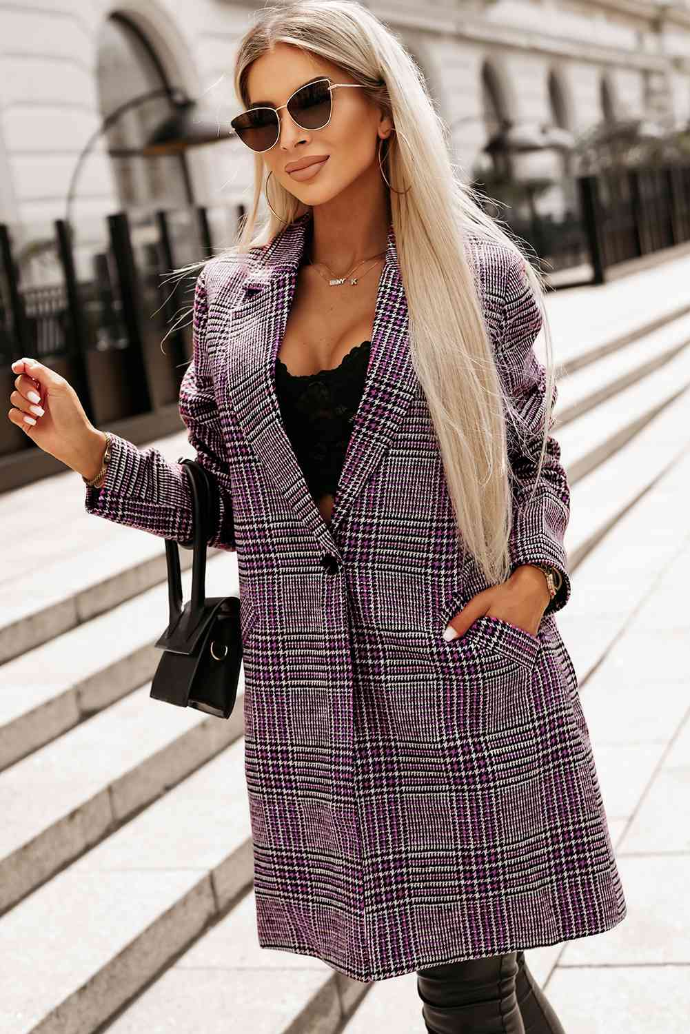 Plaid Lapel Collar Longline Blazer BLUE ZONE PLANET