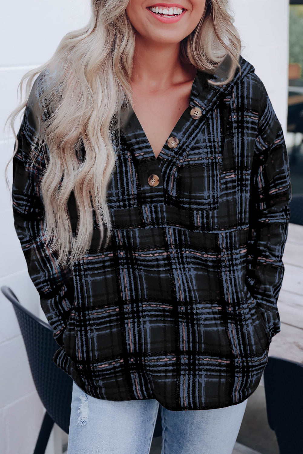 Plaid Long Sleeve Buttoned Hoodie BLUE ZONE PLANET
