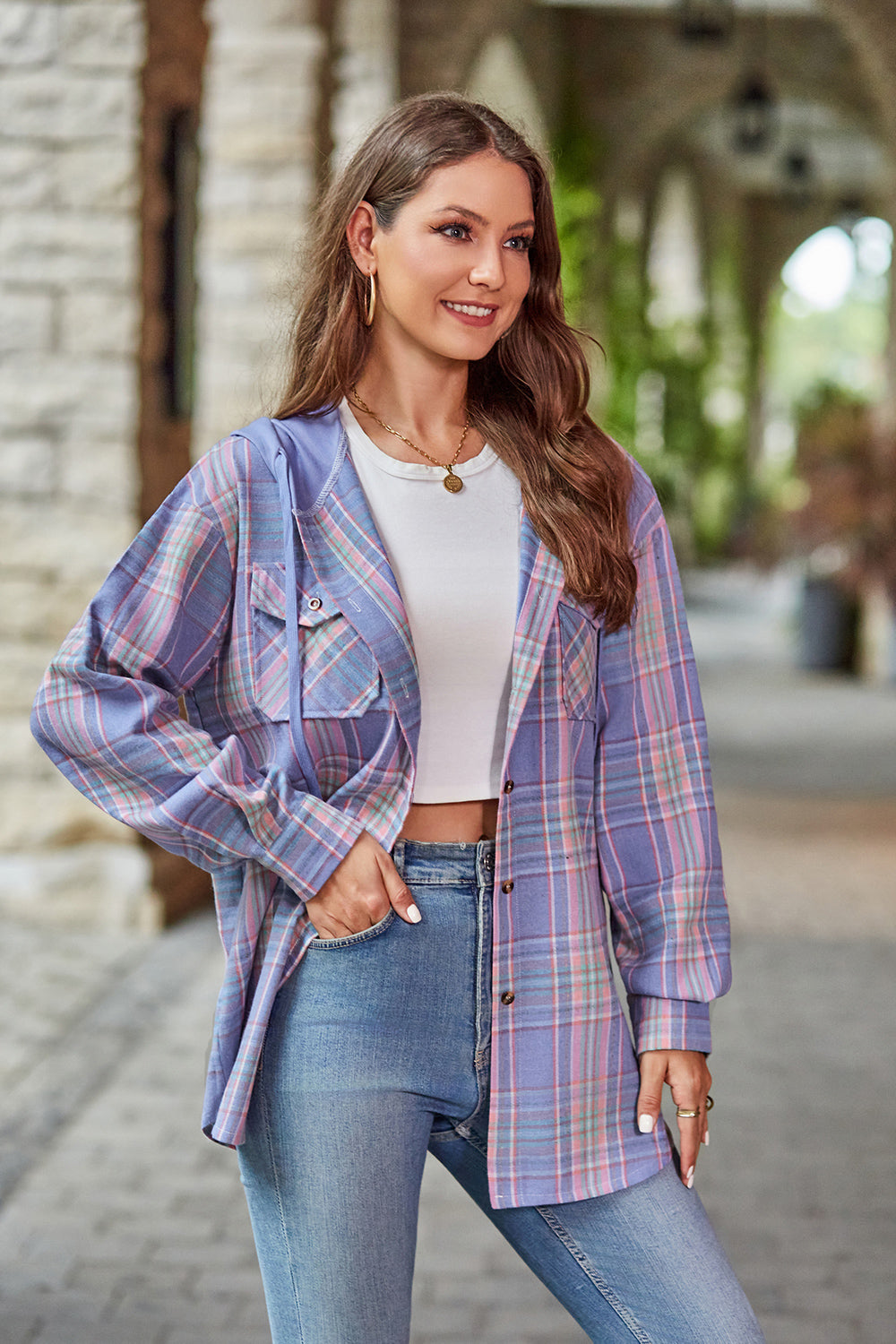 Plaid Long Sleeve Hooded Jacket BLUE ZONE PLANET