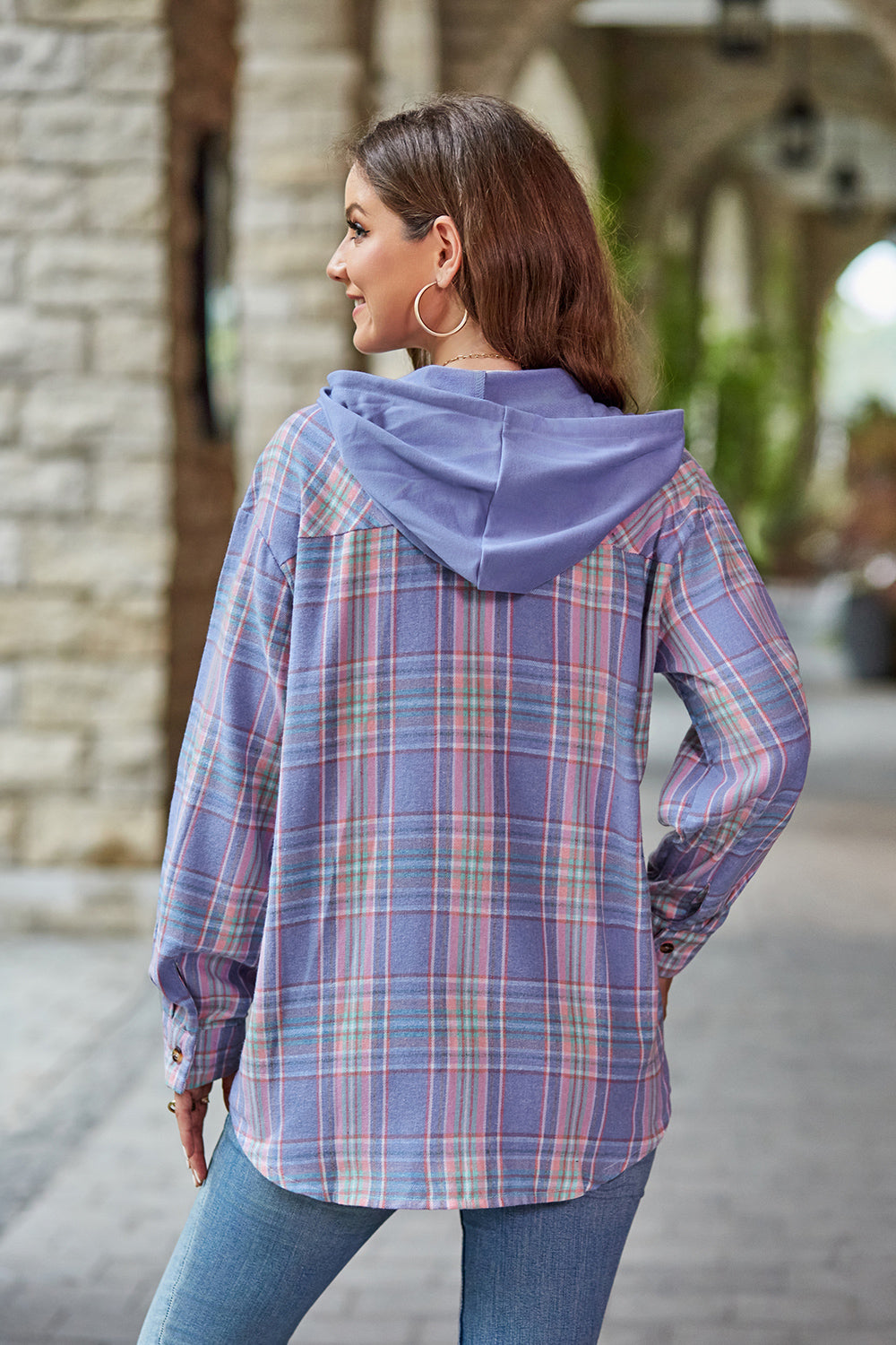 Plaid Long Sleeve Hooded Jacket BLUE ZONE PLANET