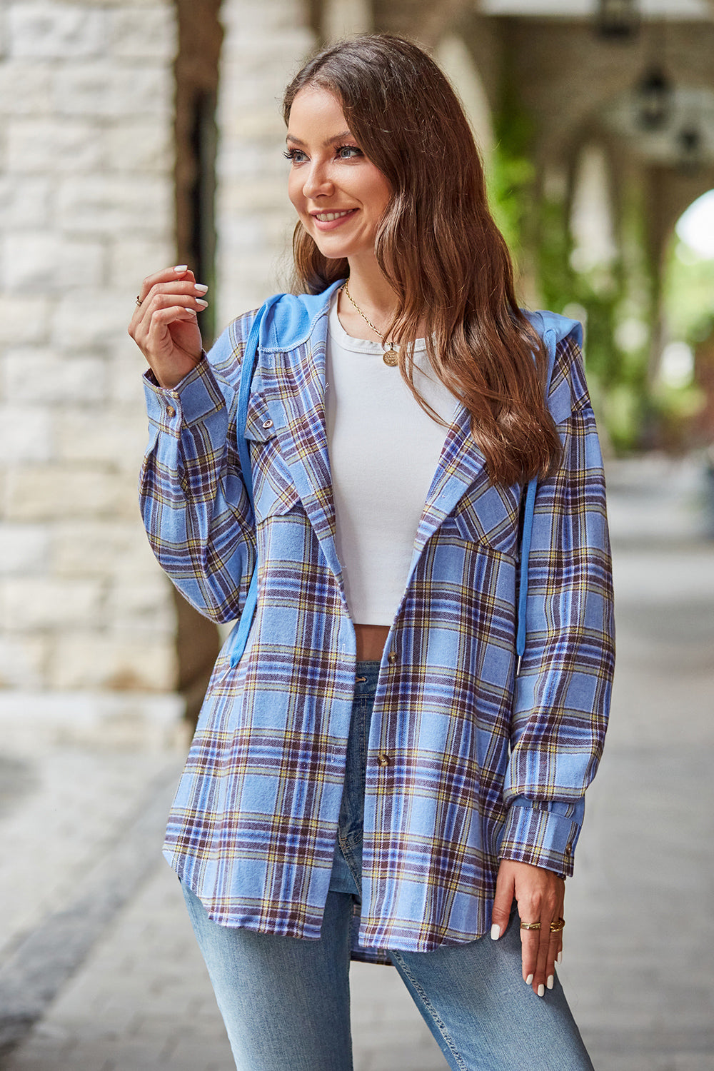 Plaid Long Sleeve Hooded Jacket BLUE ZONE PLANET