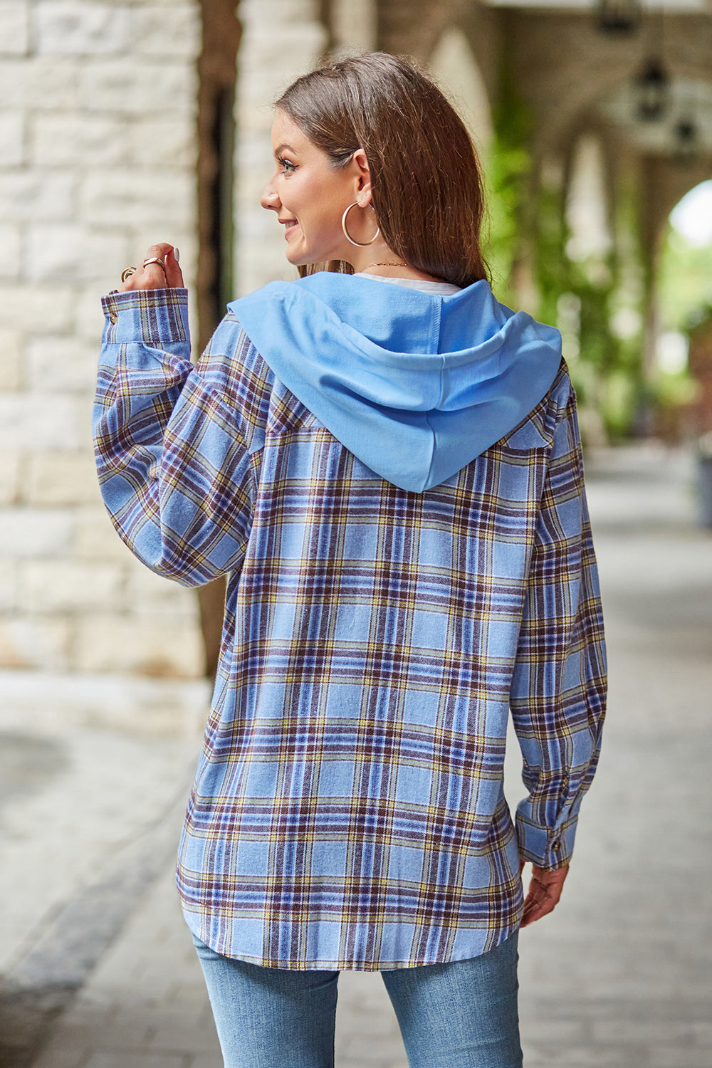 Plaid Long Sleeve Hooded Jacket BLUE ZONE PLANET