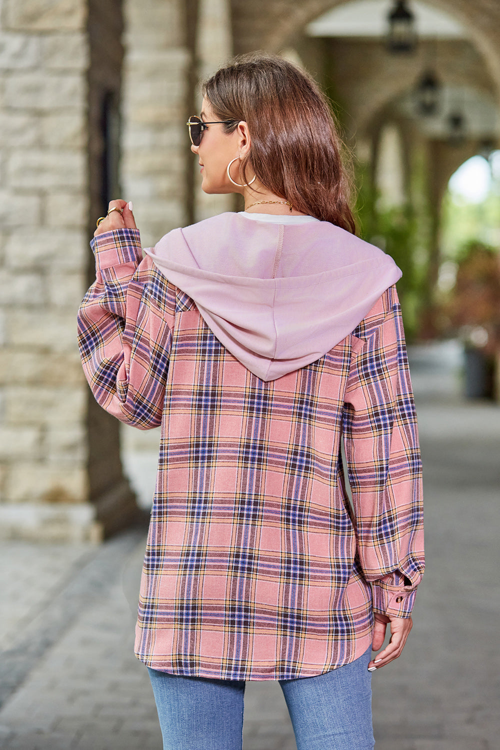 Plaid Long Sleeve Hooded Jacket BLUE ZONE PLANET