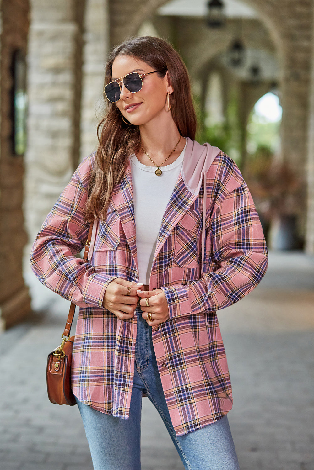 Plaid Long Sleeve Hooded Jacket BLUE ZONE PLANET