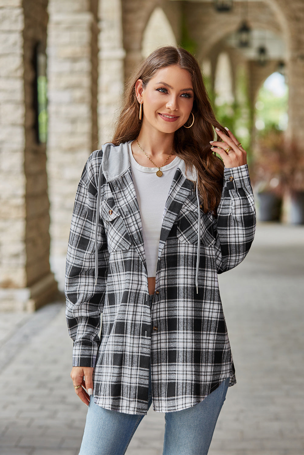 Plaid Long Sleeve Hooded Jacket BLUE ZONE PLANET