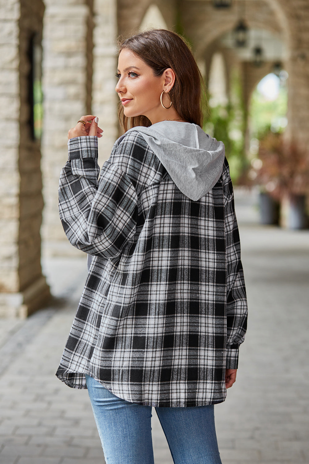 Plaid Long Sleeve Hooded Jacket BLUE ZONE PLANET